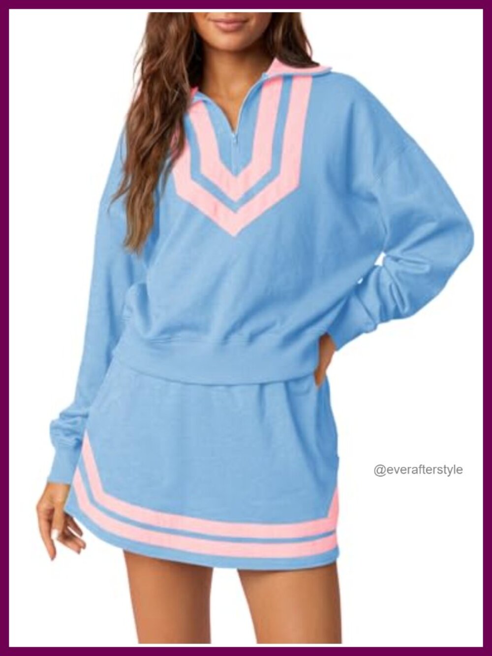 2 Piece Skirt Set Zippered V-Neck Sweatshirt Mini Skort Casual Sweat Set